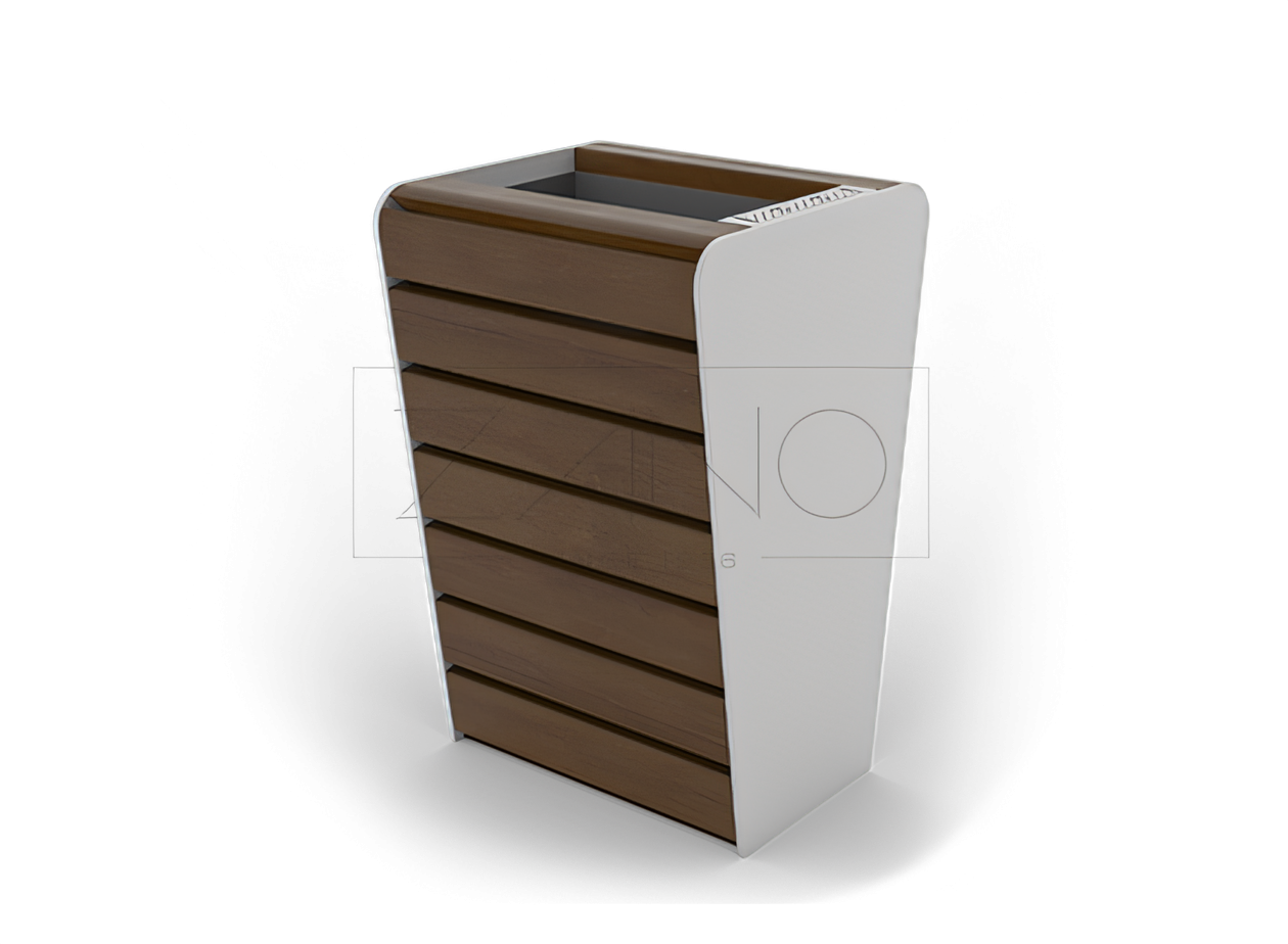 Avfallskurv med mykt askebeger i rustfritt st&aring;l og grantre