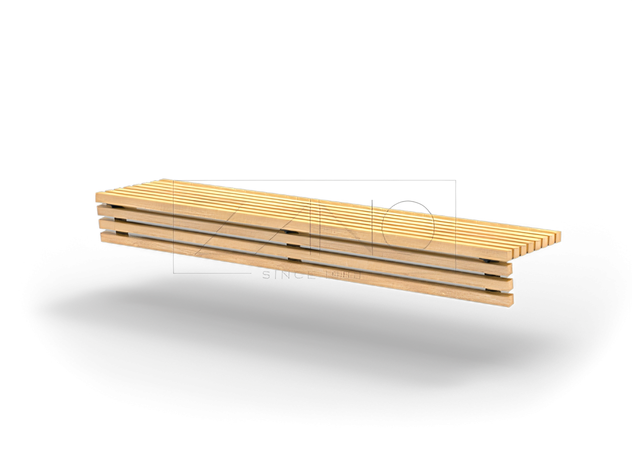 Flash sete laget av grantre og svart stål på betongvegg Flash sete laget av grantre og svart stål på betongvegg