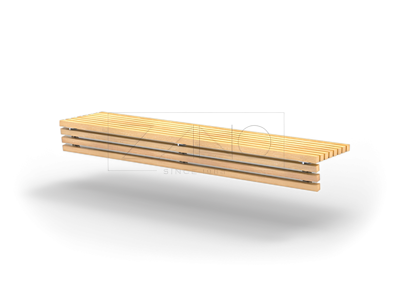 Stilig bybenk på en betongpiedestal Benk plassert på betongvegg