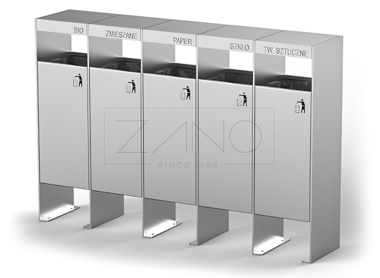 Gjenvinningsbeholder med 5 kammer Enkel beholder for kildesortert avfall | ZANO urbane møbler