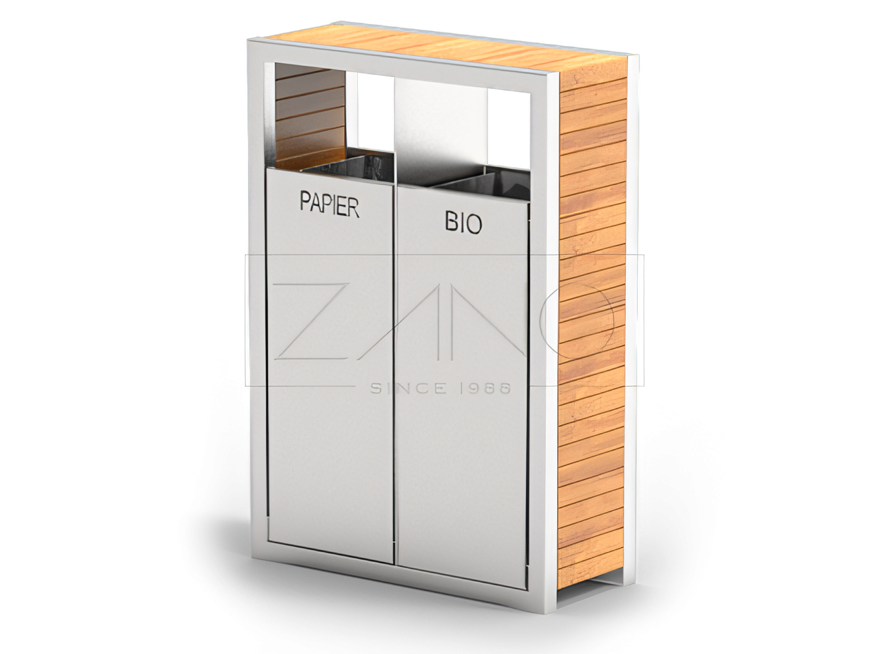 Pavo to-kammer kurv i rustfritt stål PAVO to-kammer resirkuleringsbeholder laget av rustfritt stål og lakkert grantre.