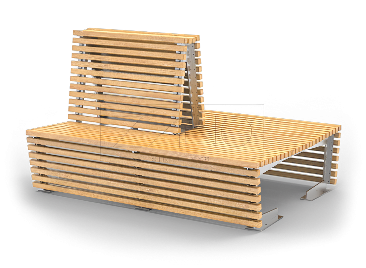 Modulær benk med ryggstøtte laget av rustfritt stål og grantre Benker innendørs og utendørs