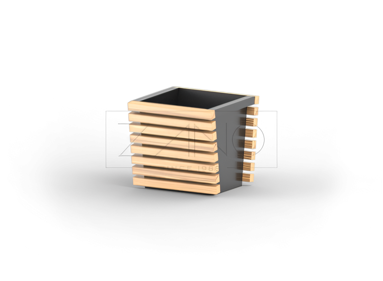 Moderne plantepotte i svart stål og treelementer Moderne plantepotte i svart stål og treelementer