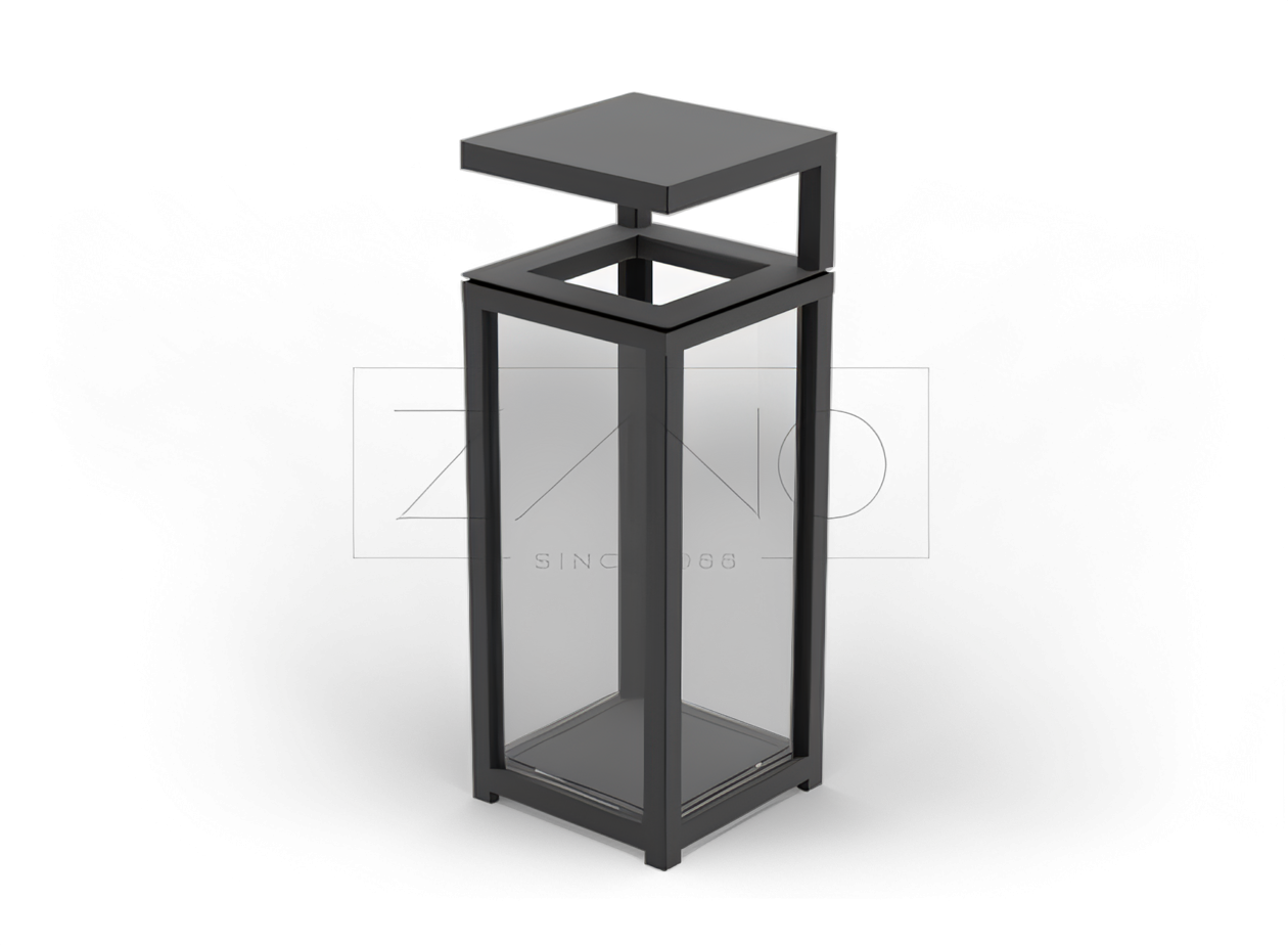 Altus papirkurv i karbonstål lakkert i 9005 RAL-farge. Urbane søppelkasser i stål