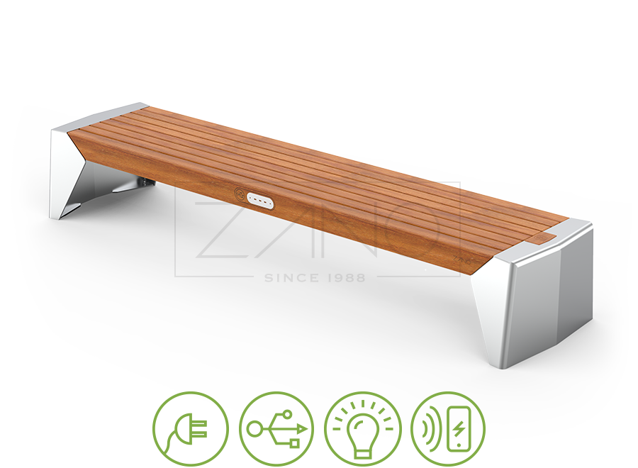 Bybenk i rustfritt stål med USB og induktiv lader
