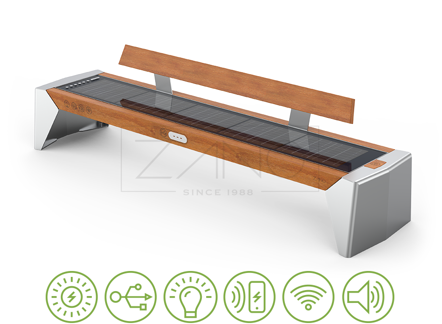 Benk med solcellepaneler, telefonlading, wifi-panel, usb, induktiv lading