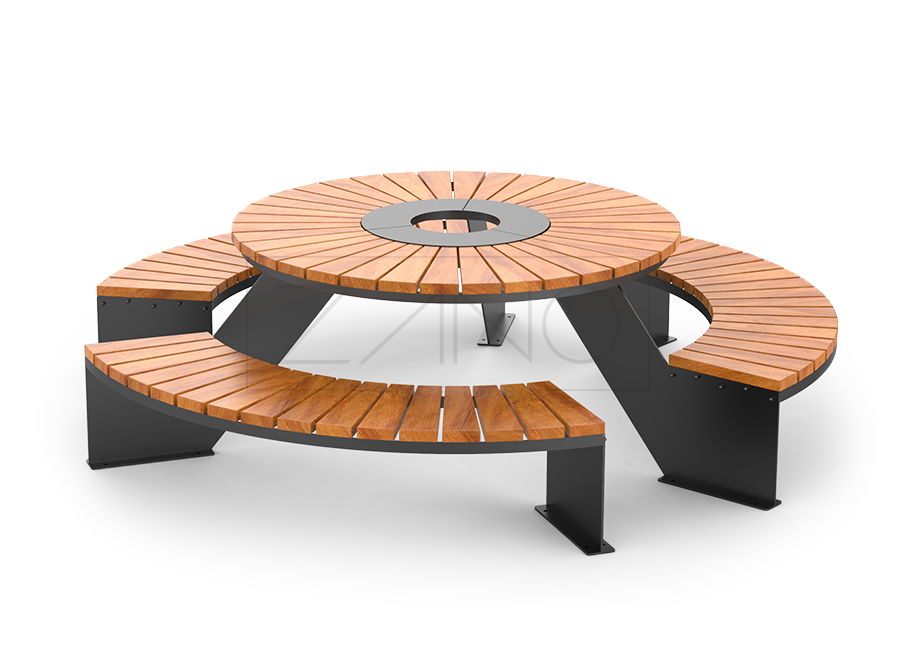 Parkbord med tre integrerte benker laget av konstruksjonsstål, malt og eksotisk treverk.